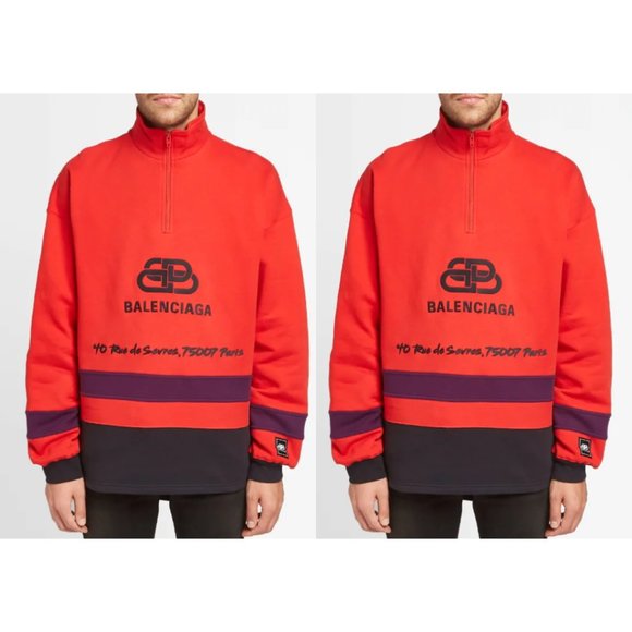 Balenciaga Ski Half Zip Sweatshirt Red Cotton Embroidered BB Logo Small - Picture 1 of 16